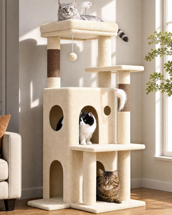 Globlazer Cat Tree Tower for Indoor Cats, 50-Inch Adult Cat Tree House for Large Adult Cats with Steps, Scratching Post, 2 Cat Caves, Dangling Toys, FC50, Light Grey8