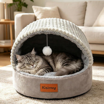 Cat Bed Cave with Pillow & Cat Toys, Cat Bed for Indoor Cats & Dog | 17.7In, up to 15 Lbs, Dual-Sided Cushion, Reversible Comfort for All Seasons, Semi-Enclosed Design, Machine Washable, Grey1