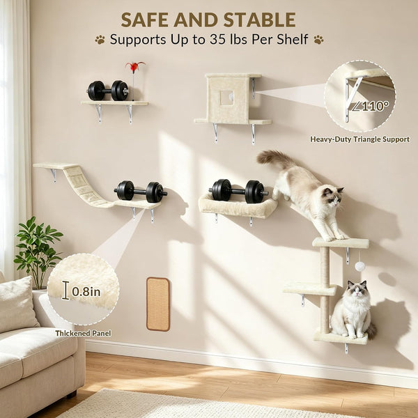 Cat Wall Shelves, 6 in 1 Cat Wall Furniture Set with Condos House, Bed, Bridge, Tree, Steps, Scratching Board, DIY Walls Playground for Indoor (Beige)4