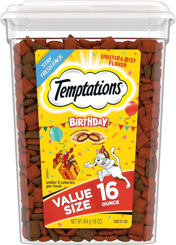 Temptations Birthday Crunchy and Soft Cat Treats, Lobster & Beef, 16 Oz | Crunchy Outside, Soft Inside, under 2 Calories per Treat, 100% Complete & Balanced for Adult Cats, Stay-Fresh Resealable Tub1