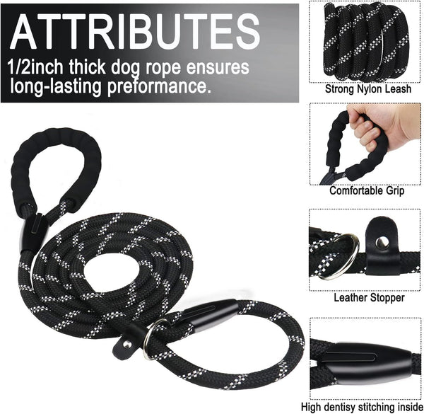 Dog Leash, 6 FT Heavy Duty Dog Leashes, Durable Premium Quality Strong Rope Slip Leash with Comfortable Padded Handle and Highly Reflective Threads for Small Medium and Large Dogs. (Black)2