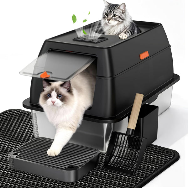 XL Enclosed Stainless Steel Litter Box with Lid, Light Gray | Covered, High Sided, Rustproof & Leak Proof, Easy Clean, Odor Control, Includes Scoop & Step11