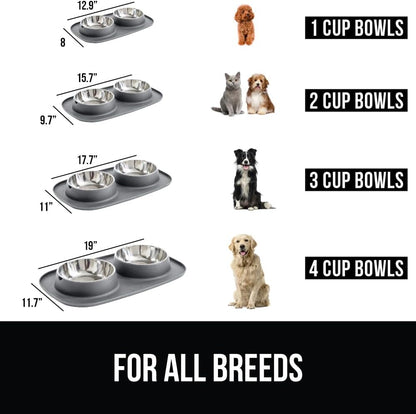 GORILLA GRIP Patented Dog Bowl Set with Slip Resistant Silicone Feeding Mat, Food Grade 304 Stainless Steel Bowls, BPA Free High Edge Spill Containment Dishwasher Safe, Finger Notch Removal 2 Cup Gray3