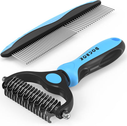 Docrok Pet Grooming Combo - Blue Deshedding Brush with Metal Comb for Detangling and Dematting Long, Matted Fur on Cats and Dogs1