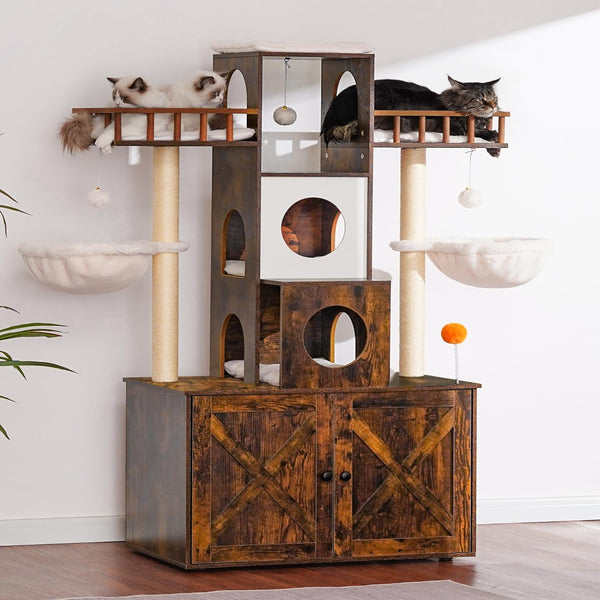 Heybly Cat Tree with Litter Box Enclosure for Indoor Big Cat, Cat Tower for Large Cats 20 Lbs Heavy Duty, Modern Cat Condo Furniture with Scratching Posts, Rustic Brown HCT110SR4
