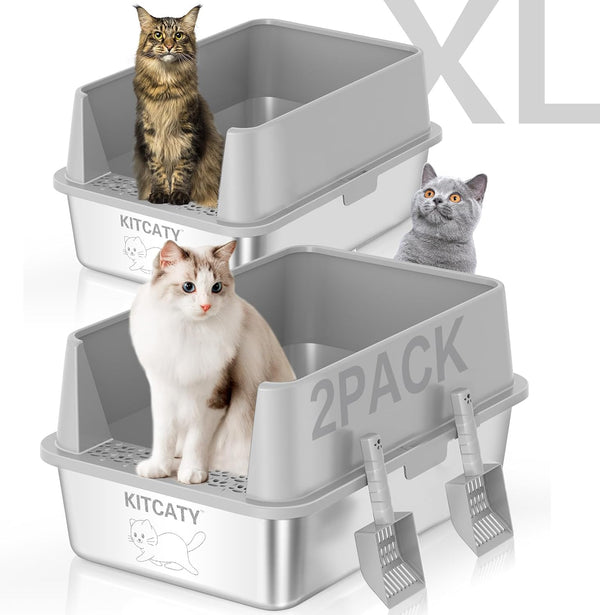 2PACK Stainless Steel Litter Box, Metal Litter Boxs with Lid High Sides, XL Extra Large Litter Box for Big Cats, Never Absorbs Odors, Leak-Proof, Stain-Free, Rust-Free, Easy to Clean, Scoop Included1