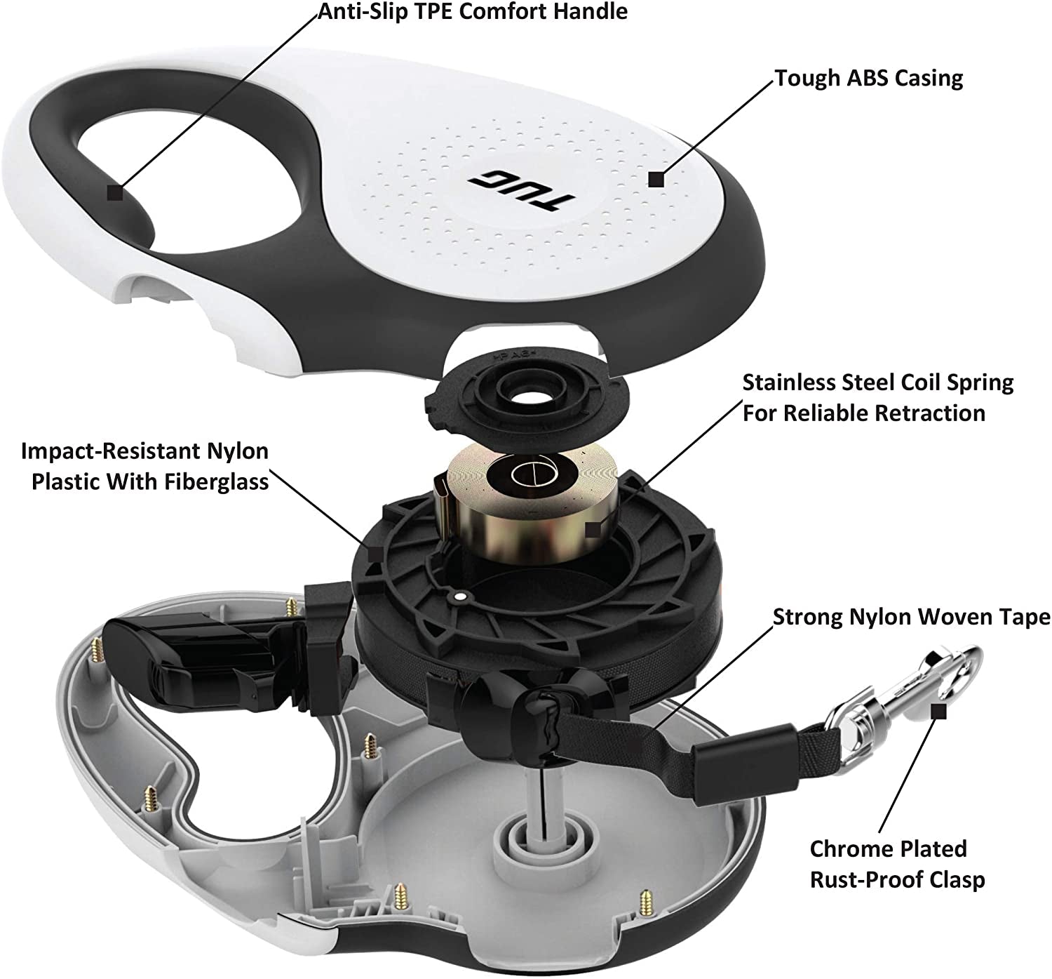 tug-360-tangle-free-retractable-dog-leash-16-ft-strong-nylon-tape-one-handed-brake-pause-lock-medium-white