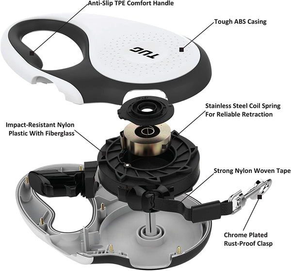 TUG 360° Tangle-Free Retractable Dog Leash | 16 Ft Strong Nylon Tape | One-Handed Brake, Pause, Lock (Medium, White)6