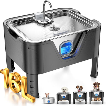 4.2Gal Dog Water Fountain for Large Dogs, 16L Stainless Steel Large Dog Fountain Water Bowl with Deeper & Wider Drinking Tray, Automatic Pet Water Dispenser with Visible Window for Multi-Pets Families13
