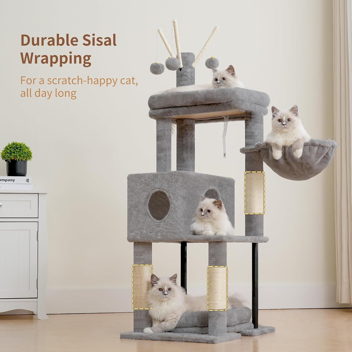 heybly-cat-tree-45-3-inch-cat-tower-for-indoor-cats-with-large-perch-all-in-one-cat-furniture-with-cozy-bed-hidden-space-cat-condo-comfy-hammock-scratching-posts-3-pompoms-light-gray-hct202sw
