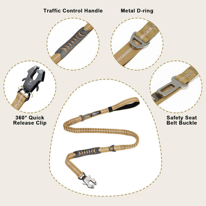 Raipult Tactical Dog Leash Heavy Duty, 4-6FT Shock Absorbing Bungee Leash with Quick Release Clip& 2 Handles, No Pull Waking Lead with Car Seatbelt for Medium Large Dogs That Pull,Khaki4