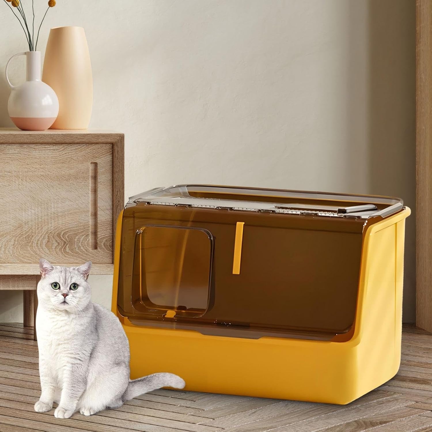 hooded-cat-litter-box-enclosed-covered-toilet-container-sturdy-deep-pan-portable-pet-supplies-kitten-potty-yellow
