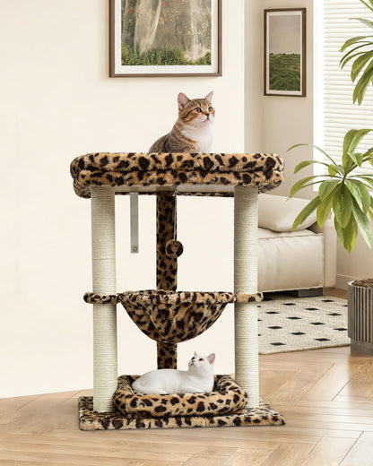SYANDLVY Leopard Print Small Cat Tree with Top Perch, Hammock & Bottom Bed | 3 Level, Natural Sisal Scratching Post Tower with Hanging Bell Ball and Anti-Tip Strap, Stable Indoor Cat Furniture6