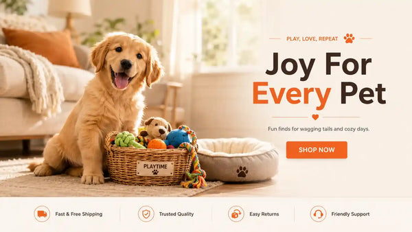 Happy golden retriever puppy with dog toys in wicker basket, cozy pet bed nearby for playful pets