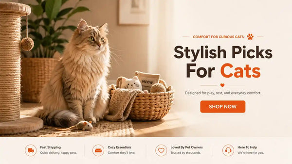 Fluffy cat with toys and basket, stylish picks for cats comfort and play