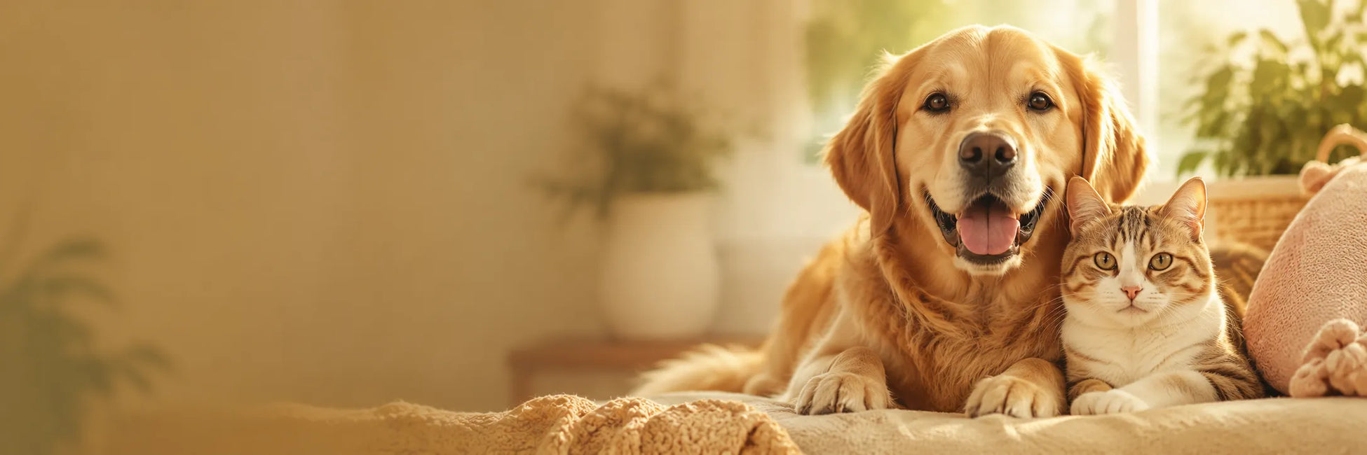 Happy golden retriever and tabby cat snuggling on cozy pet bed, perfect for dog and cat lovers
